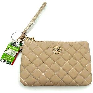 BADGLEY MISCHKA Quilted Logo Wristlet Clutch Vegan Leather NWT Gold Logo Tan 👜